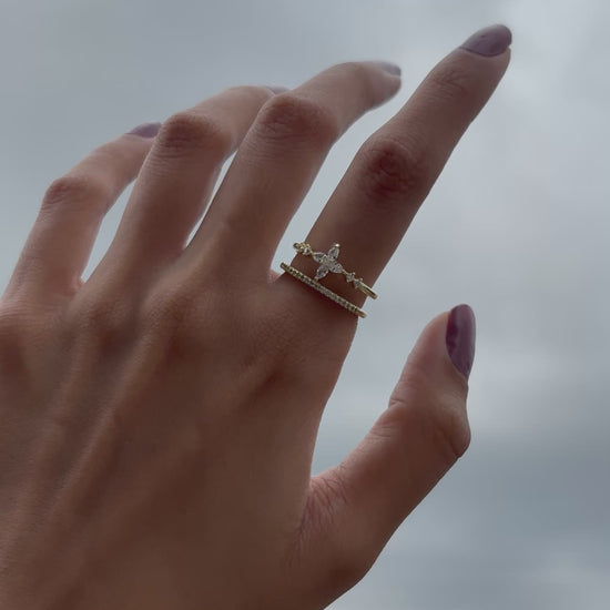 Lilyah Jewelry Gold Plated Zircon Diamond Ring.  Two layers and adjustable promise ring. A video showing how it looks on the hand.