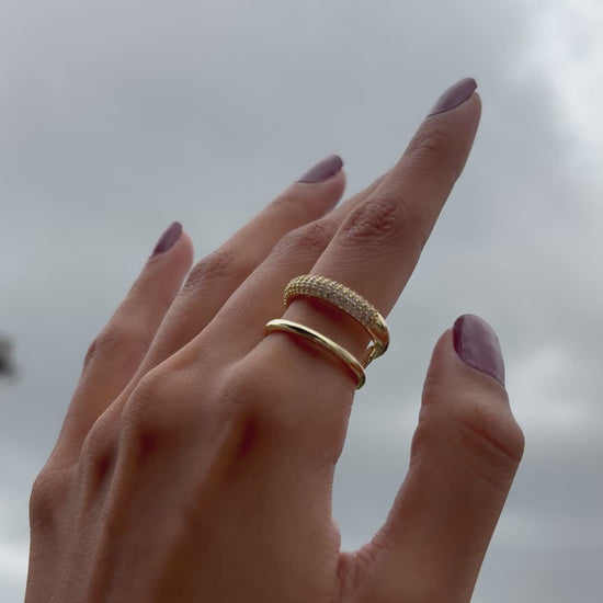 Lilyah Jewelry Gold Plated Zircon Diamond Ring. adjustable promise ring. accents of gold and diamonds. Two layers. Video showing how it looks on the finger.