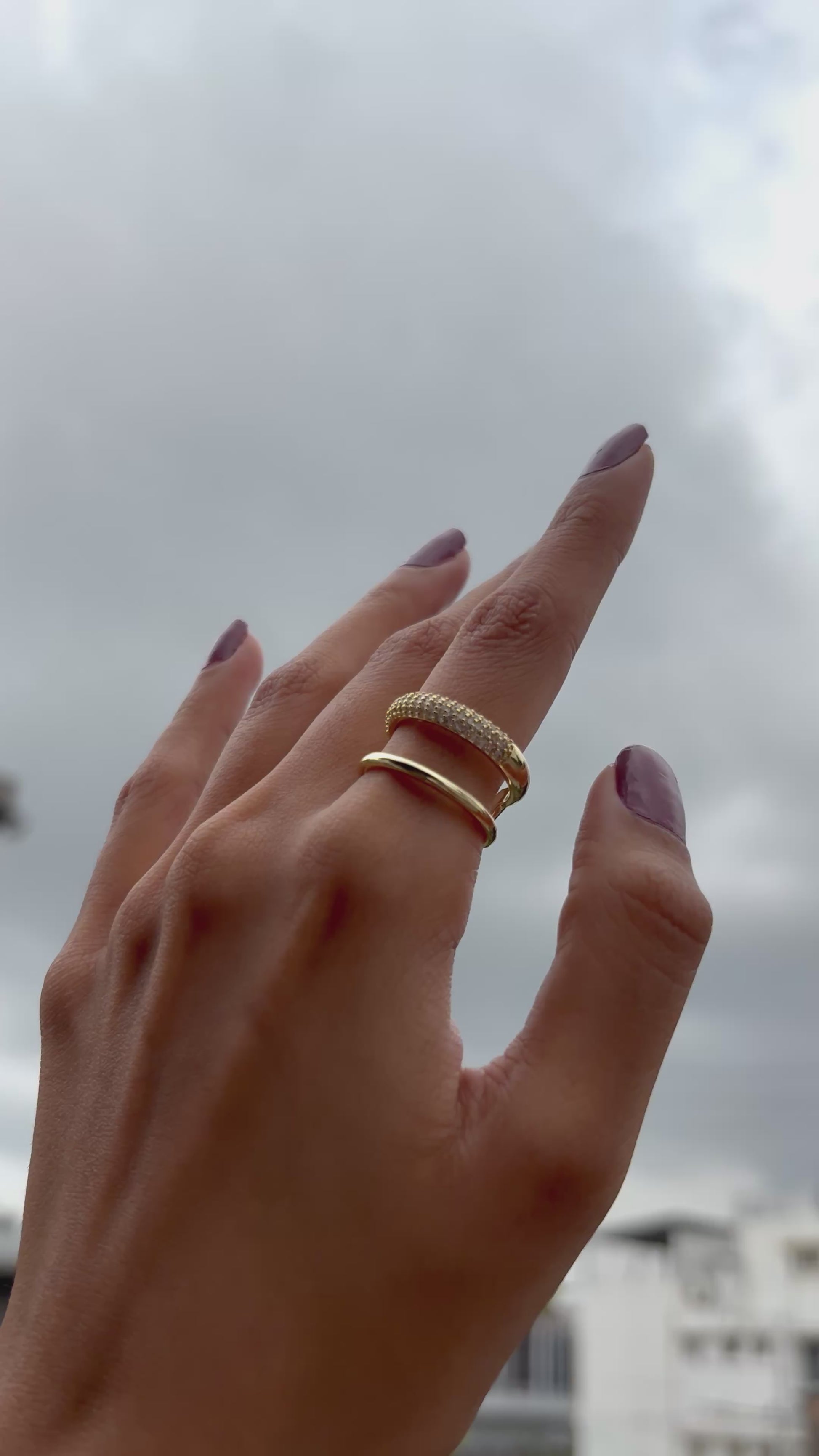 Lilyah Jewelry Gold Plated Zircon Diamond Ring. adjustable promise ring. accents of gold and diamonds. Two layers. Video showing how it looks on the finger.